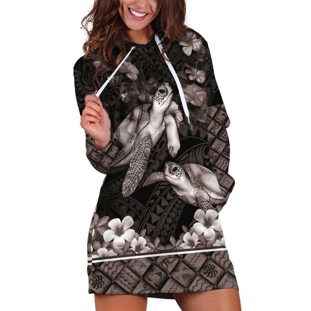 Hawaiian Lei Turtle and Plumeria Hoodie Dress Polynerian Art Tattoo-Grayscale Mode