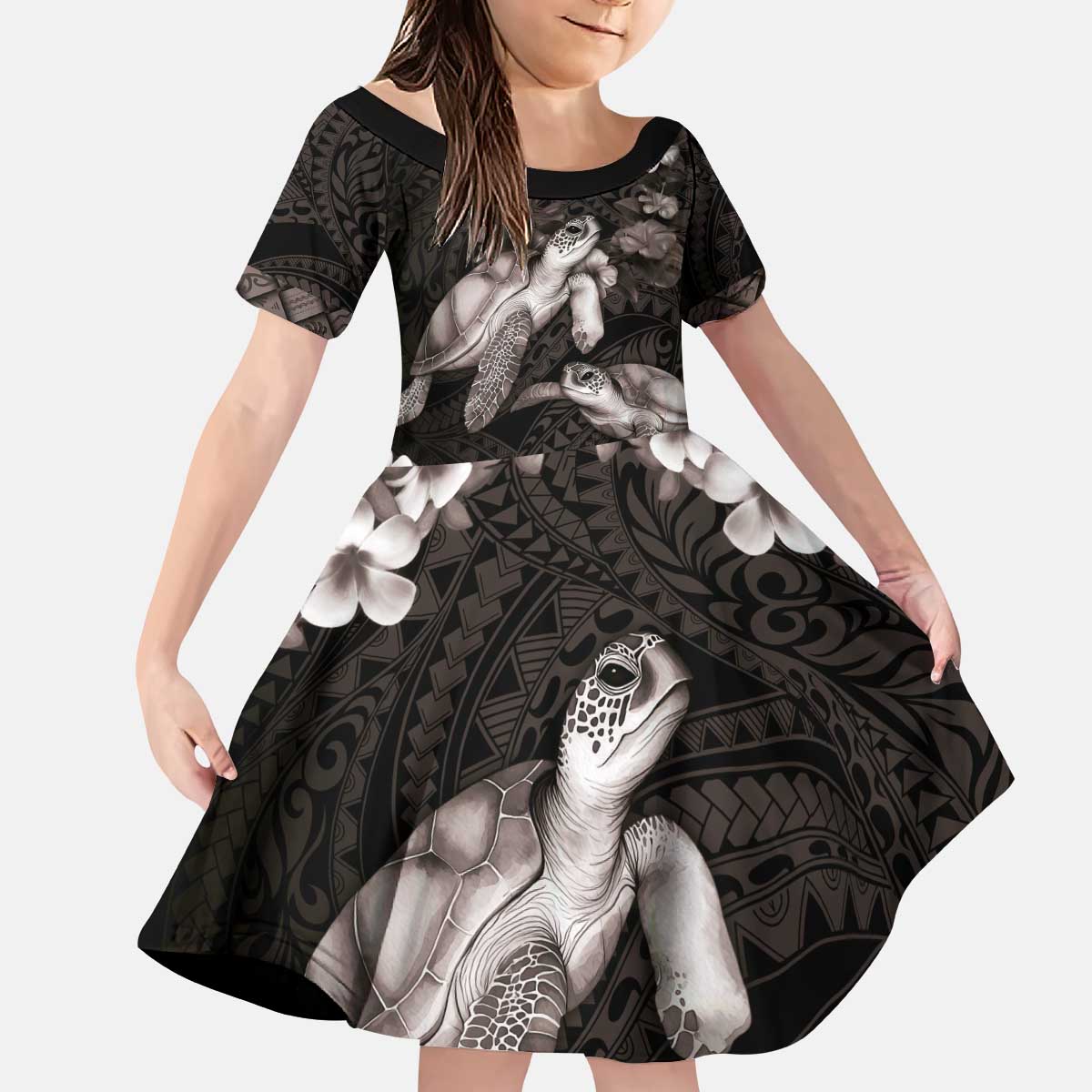 Hawaiian Lei Turtle and Plumeria Kid Short Sleeve Dress Polynerian Art Tattoo-Grayscale Mode LT03 KID Black - Polynesian Pride