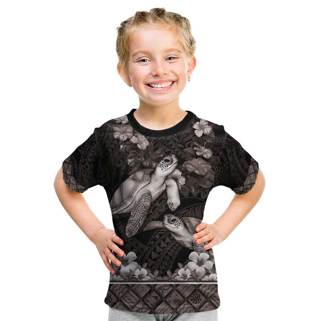 Hawaiian Lei Turtle and Plumeria Kid T Shirt Polynerian Art Tattoo-Grayscale Mode LT03 Black - Polynesian Pride