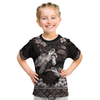 Hawaiian Lei Turtle and Plumeria Kid T Shirt Polynerian Art Tattoo-Grayscale Mode LT03 Black - Polynesian Pride