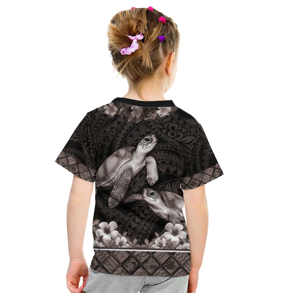 Hawaiian Lei Turtle and Plumeria Kid T Shirt Polynerian Art Tattoo-Grayscale Mode LT03 - Polynesian Pride