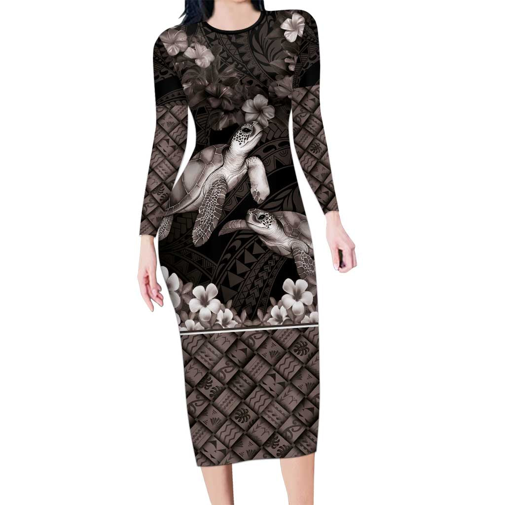 Hawaiian Lei Turtle and Plumeria Long Sleeve Bodycon Dress Polynerian Art Tattoo-Grayscale Mode