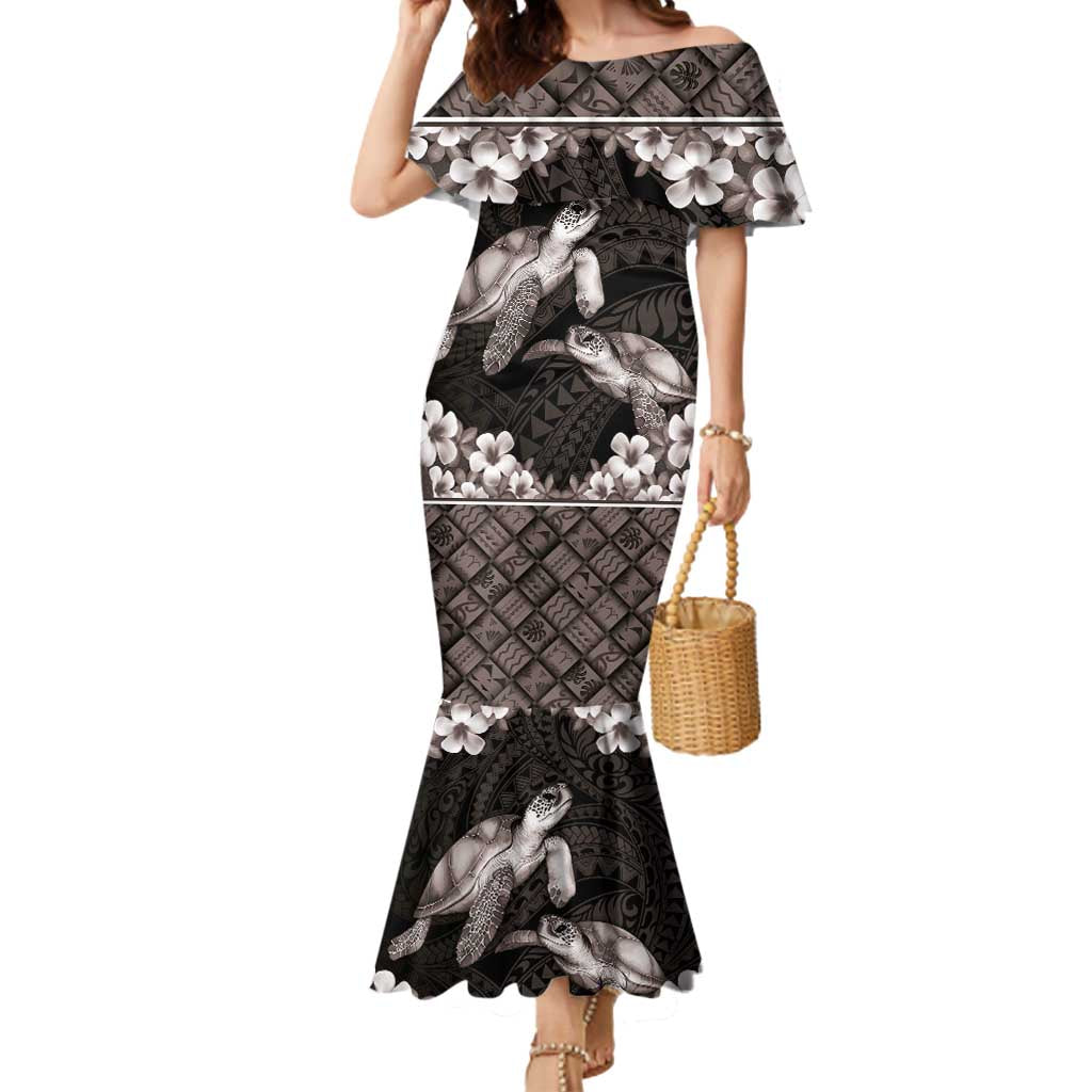 Hawaiian Lei Turtle and Plumeria Mermaid Dress Polynerian Art Tattoo-Grayscale Mode LT03 Women Black - Polynesian Pride