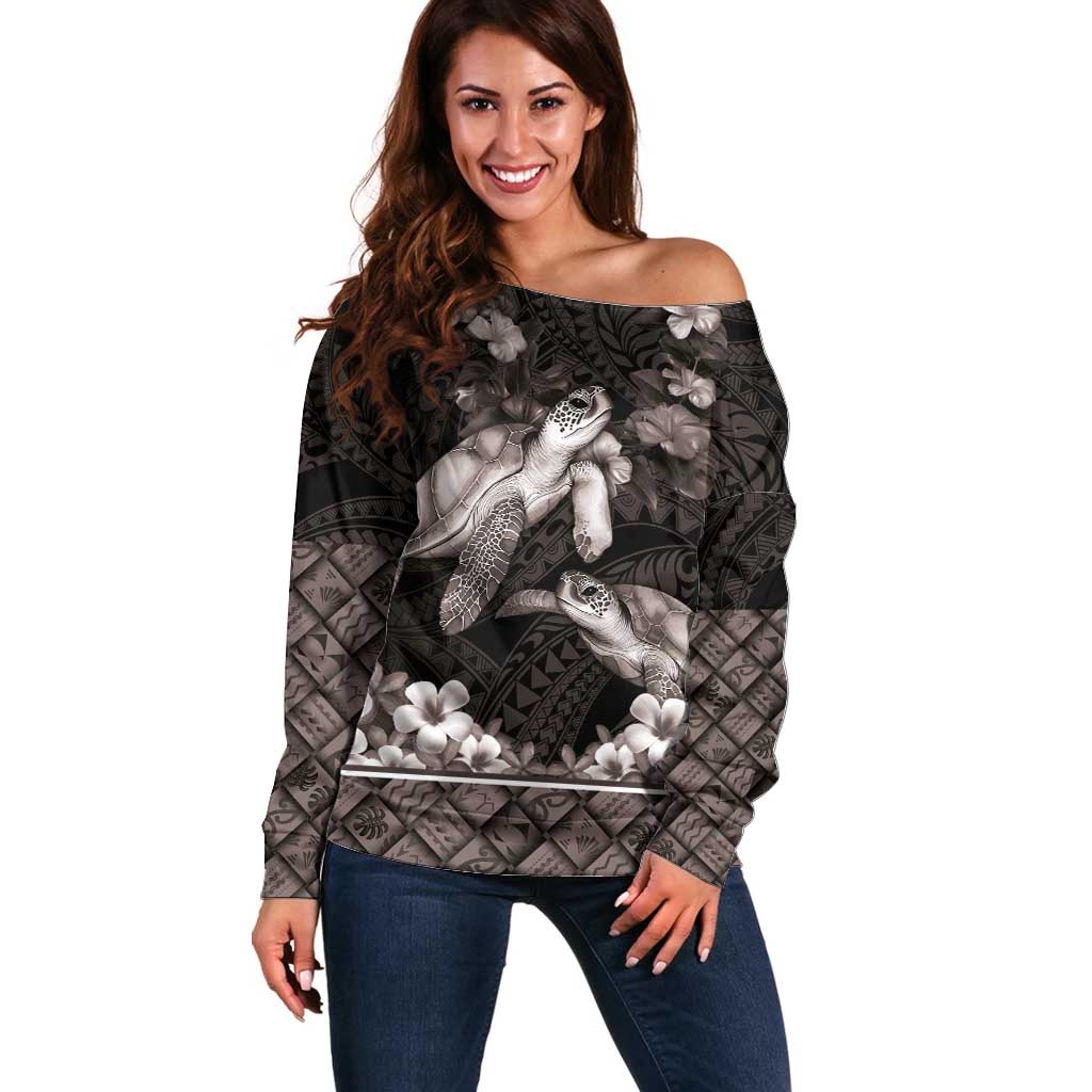 Hawaiian Lei Turtle and Plumeria Off Shoulder Sweater Polynerian Art Tattoo-Grayscale Mode LT03 Women Black - Polynesian Pride