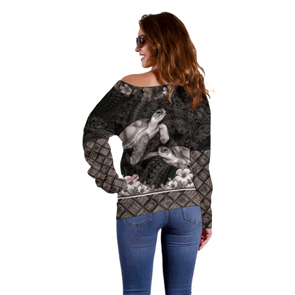 Hawaiian Lei Turtle and Plumeria Off Shoulder Sweater Polynerian Art Tattoo-Grayscale Mode LT03 - Polynesian Pride