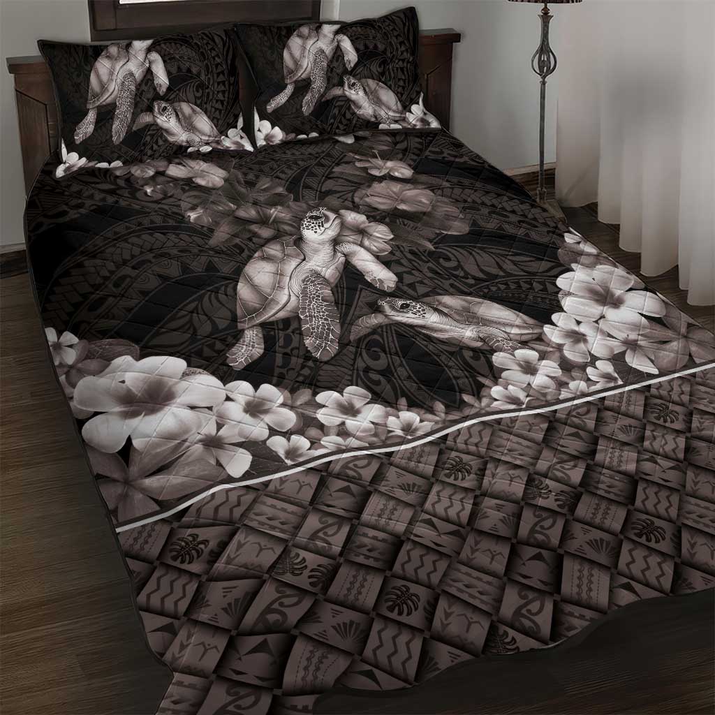 Hawaiian Lei Turtle and Plumeria Quilt Bed Set Polynerian Art Tattoo-Grayscale Mode LT03 Black - Polynesian Pride