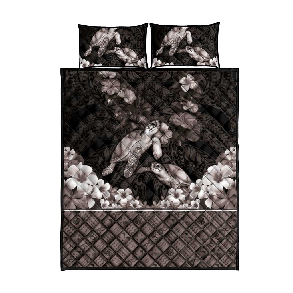 Hawaiian Lei Turtle and Plumeria Quilt Bed Set Polynerian Art Tattoo-Grayscale Mode LT03 - Polynesian Pride