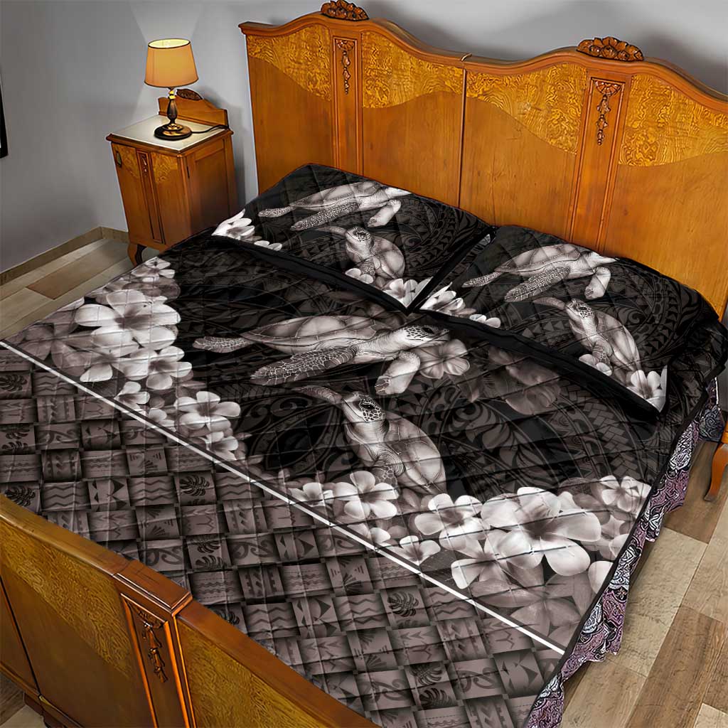 Hawaiian Lei Turtle and Plumeria Quilt Bed Set Polynerian Art Tattoo-Grayscale Mode LT03 - Polynesian Pride