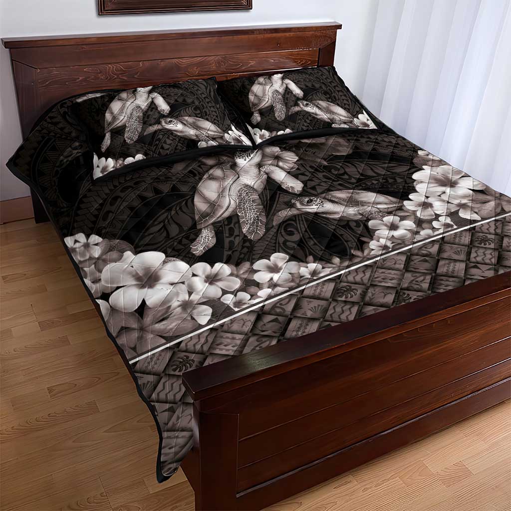 Hawaiian Lei Turtle and Plumeria Quilt Bed Set Polynerian Art Tattoo-Grayscale Mode LT03 - Polynesian Pride