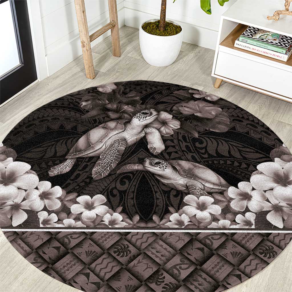 Hawaiian Lei Turtle and Plumeria Round Carpet Polynerian Art Tattoo-Grayscale Mode LT03 Black - Polynesian Pride