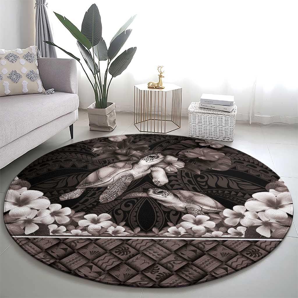 Hawaiian Lei Turtle and Plumeria Round Carpet Polynerian Art Tattoo-Grayscale Mode LT03 - Polynesian Pride