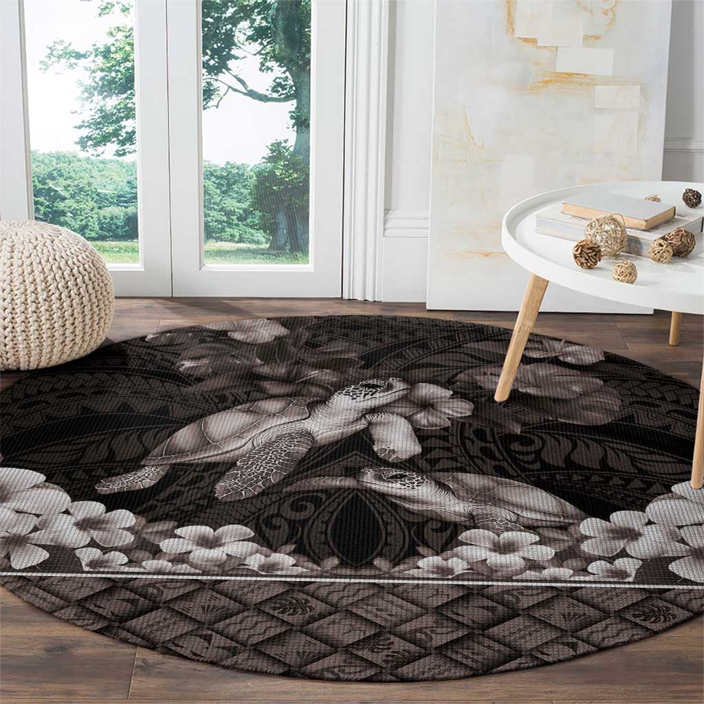 Hawaiian Lei Turtle and Plumeria Round Carpet Polynerian Art Tattoo-Grayscale Mode LT03 - Polynesian Pride