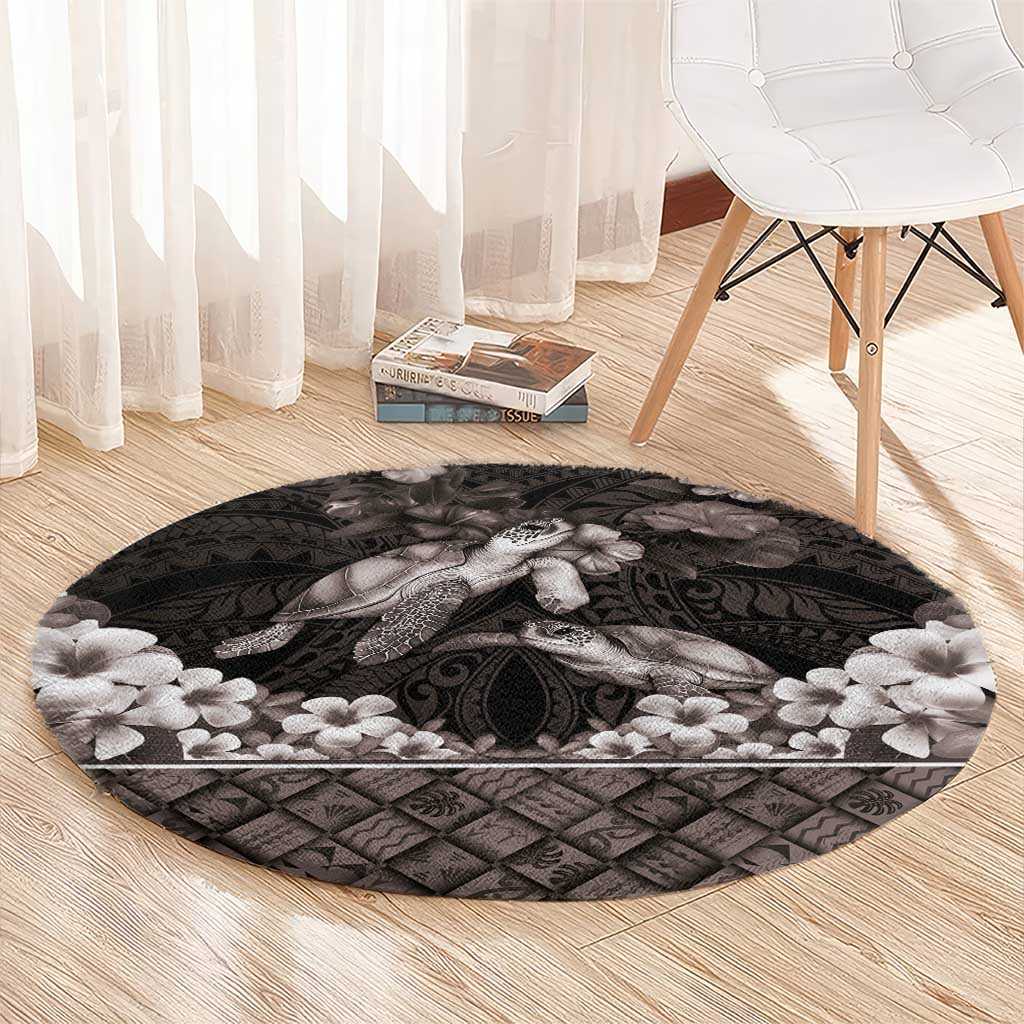 Hawaiian Lei Turtle and Plumeria Round Carpet Polynerian Art Tattoo-Grayscale Mode LT03 - Polynesian Pride