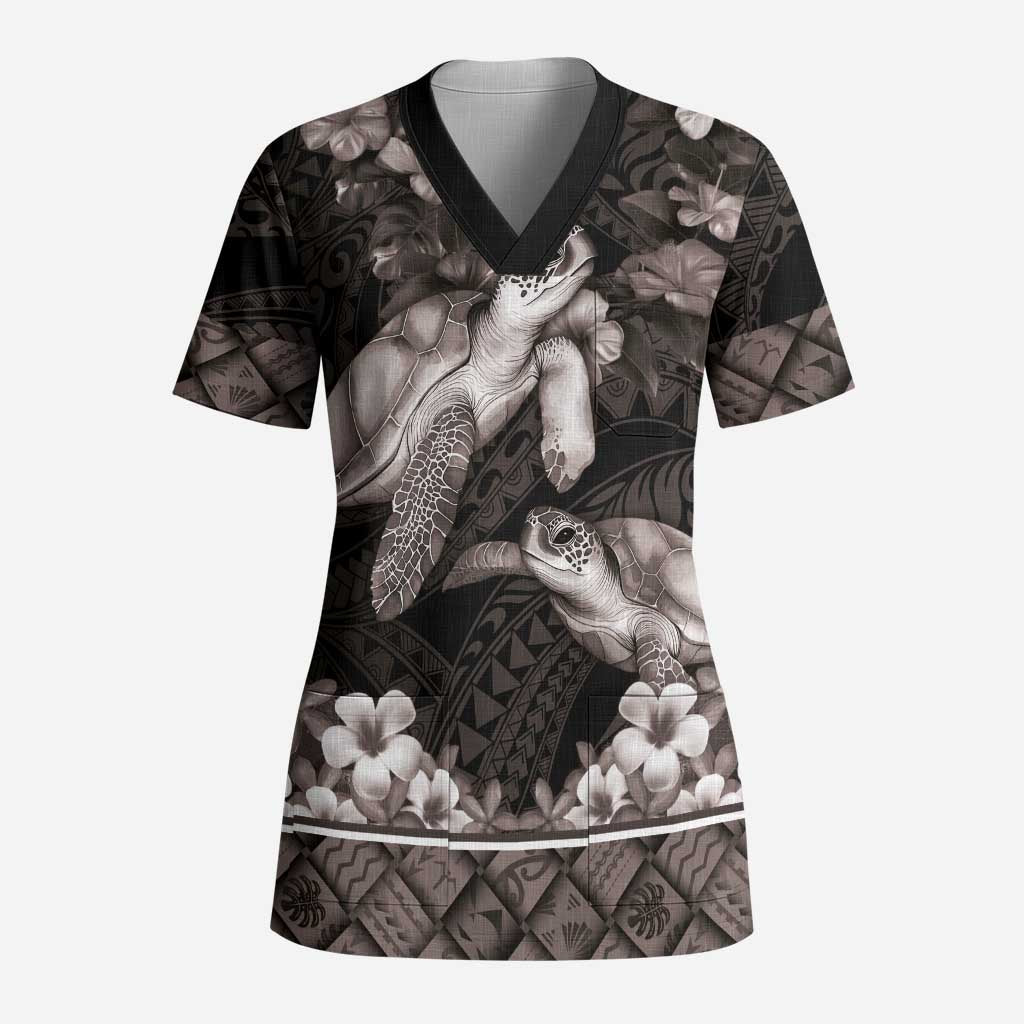 Hawaiian Lei Turtle and Plumeria Scrub Top Polynerian Art Tattoo-Grayscale Mode LT03 Adult Black - Polynesian Pride