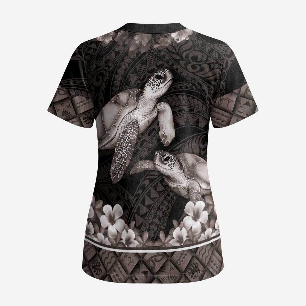 Hawaiian Lei Turtle and Plumeria Scrub Top Polynerian Art Tattoo-Grayscale Mode LT03 - Polynesian Pride