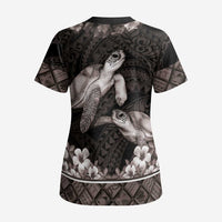 Hawaiian Lei Turtle and Plumeria Scrub Top Polynerian Art Tattoo-Grayscale Mode LT03 - Polynesian Pride