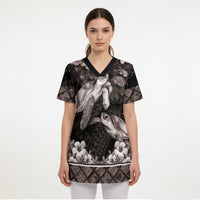 Hawaiian Lei Turtle and Plumeria Scrub Top Polynerian Art Tattoo-Grayscale Mode LT03 - Polynesian Pride