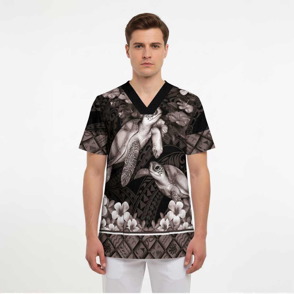 Hawaiian Lei Turtle and Plumeria Scrub Top Polynerian Art Tattoo-Grayscale Mode LT03 - Polynesian Pride