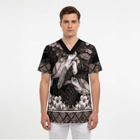 Hawaiian Lei Turtle and Plumeria Scrub Top Polynerian Art Tattoo-Grayscale Mode LT03 - Polynesian Pride