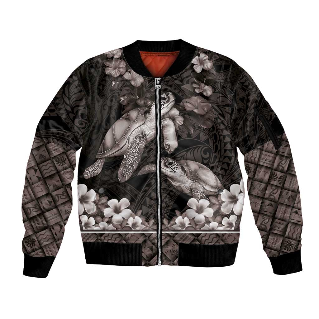 Hawaiian Lei Turtle and Plumeria Sleeve Zip Bomber Jacket Polynerian Art Tattoo-Grayscale Mode LT03 Unisex Black - Polynesian Pride