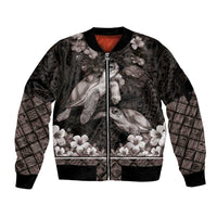 Hawaiian Lei Turtle and Plumeria Sleeve Zip Bomber Jacket Polynerian Art Tattoo-Grayscale Mode LT03 Unisex Black - Polynesian Pride