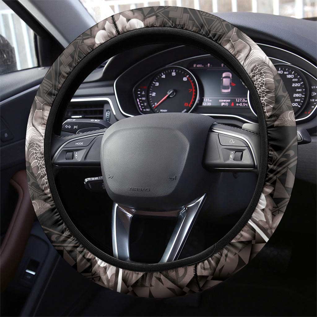 Hawaiian Lei Turtle and Plumeria Steering Wheel Cover Polynerian Art Tattoo-Grayscale Mode LT03 - Polynesian Pride