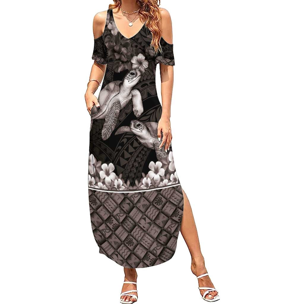 Hawaiian Lei Turtle and Plumeria Summer Maxi Dress Polynerian Art Tattoo-Grayscale Mode