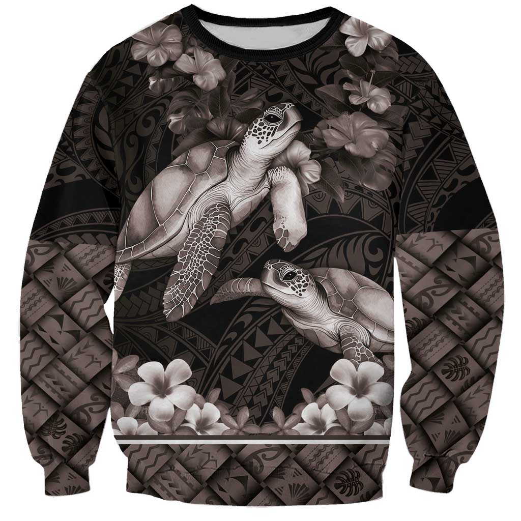 Hawaiian Lei Turtle and Plumeria Sweatshirt Polynerian Art Tattoo-Grayscale Mode LT03 Unisex Black - Polynesian Pride