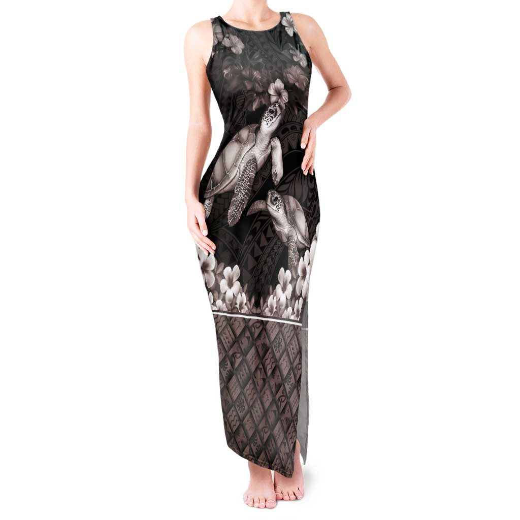 Hawaiian Lei Turtle and Plumeria Tank Maxi Dress Polynerian Art Tattoo-Grayscale Mode