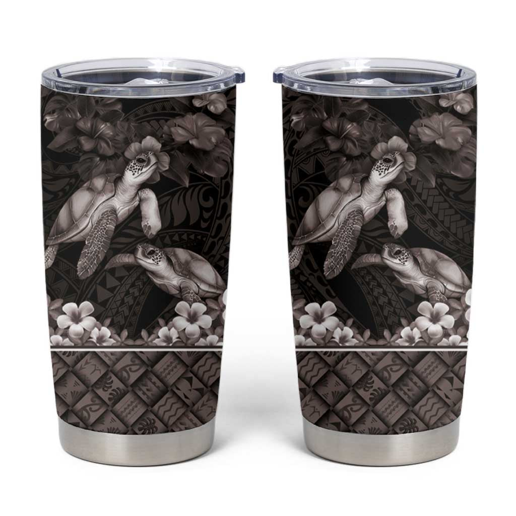 Hawaiian Lei Turtle and Plumeria Tumbler Cup Polynerian Art Tattoo-Grayscale Mode LT03 Black - Polynesian Pride