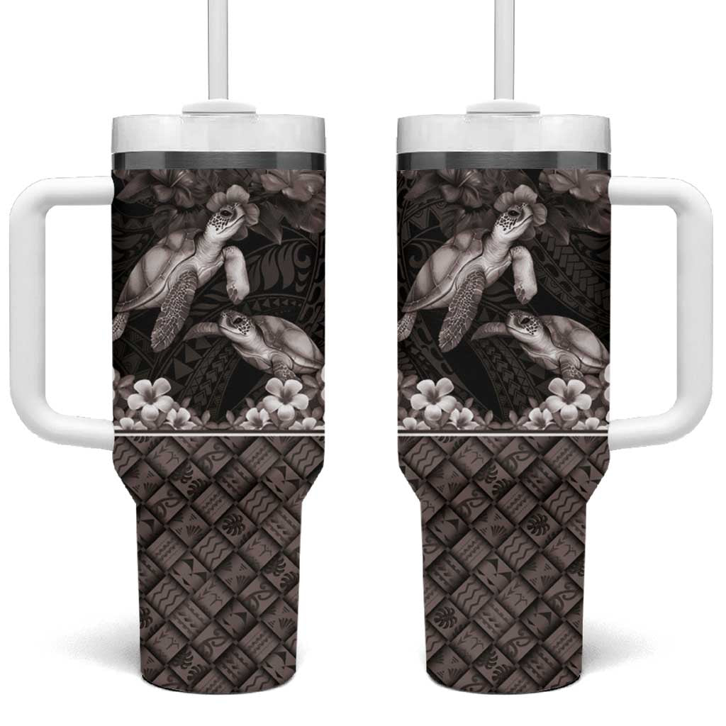 Hawaiian Lei Turtle and Plumeria Tumbler With Handle Polynerian Art Tattoo-Grayscale Mode LT03 One Size: 40 oz Black - Polynesian Pride
