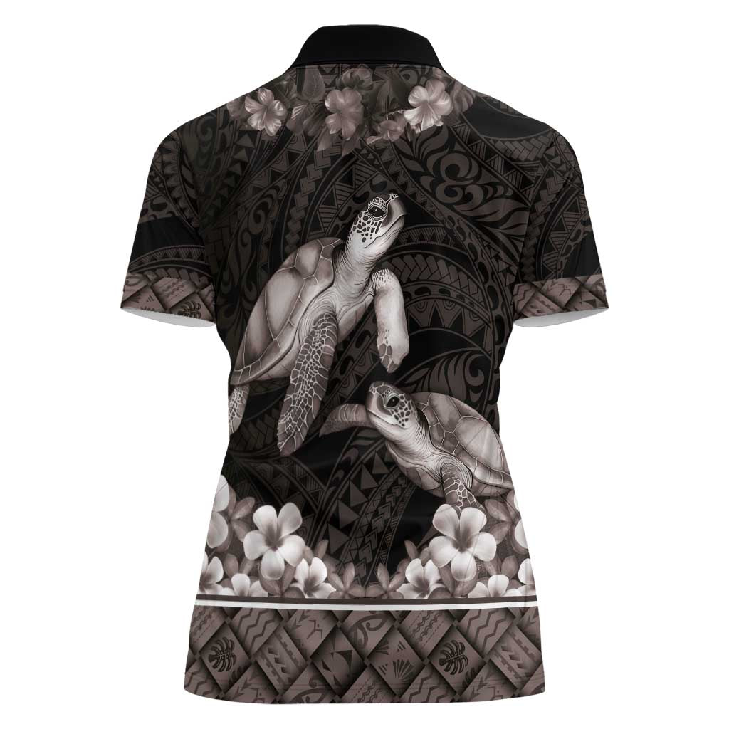 Hawaiian Lei Turtle and Plumeria Women Polo Shirt Polynerian Art Tattoo-Grayscale Mode LT03 - Polynesian Pride