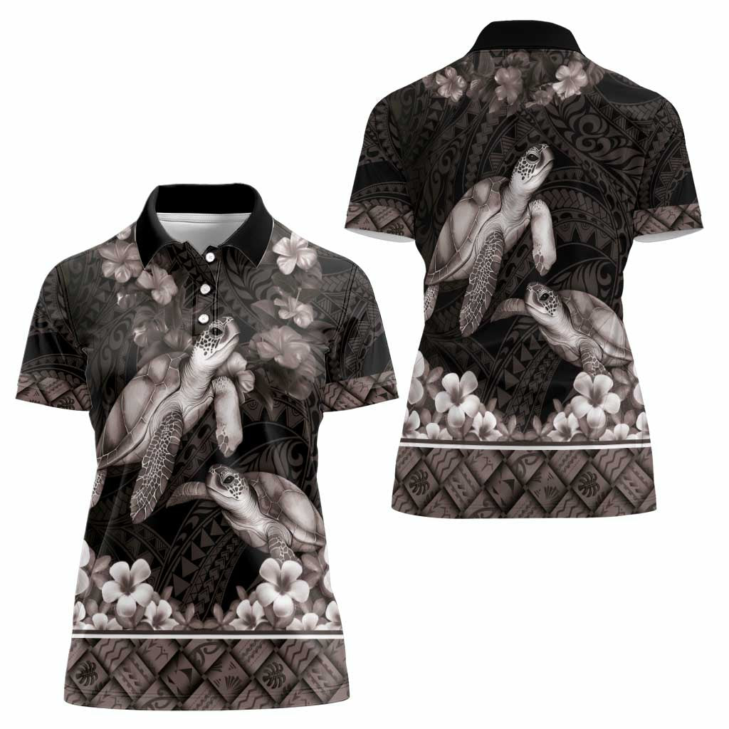 Hawaiian Lei Turtle and Plumeria Women Polo Shirt Polynerian Art Tattoo-Grayscale Mode LT03 - Polynesian Pride