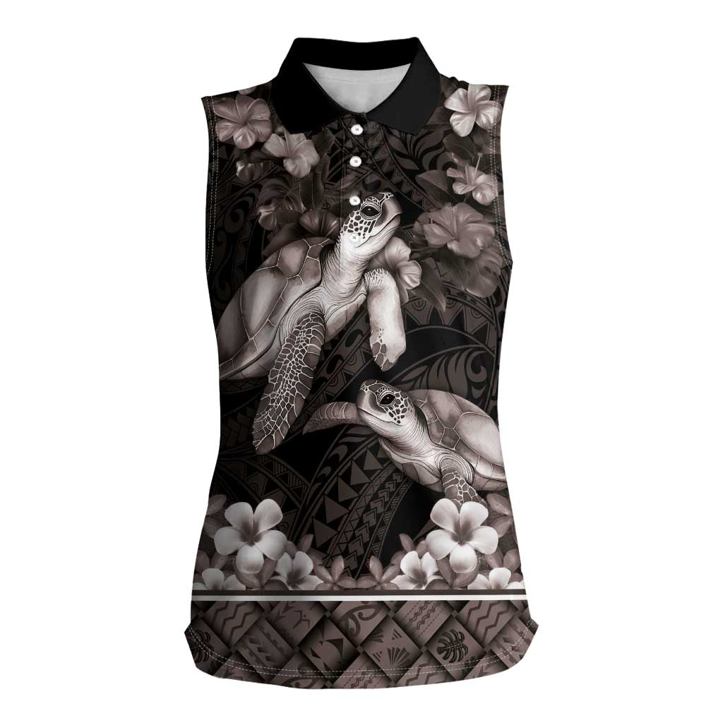 Hawaiian Lei Turtle and Plumeria Women Sleeveless Polo Shirt Polynerian Art Tattoo-Grayscale Mode