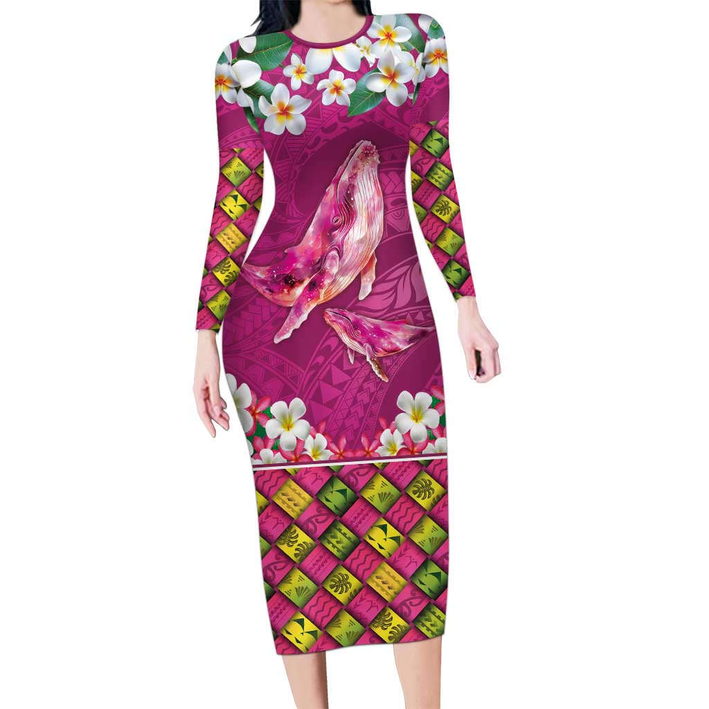 Hawaiian Plumeria and Humpback Whales Long Sleeve Bodycon Dress Polynerian Art Tattoo-Plum Pink Color