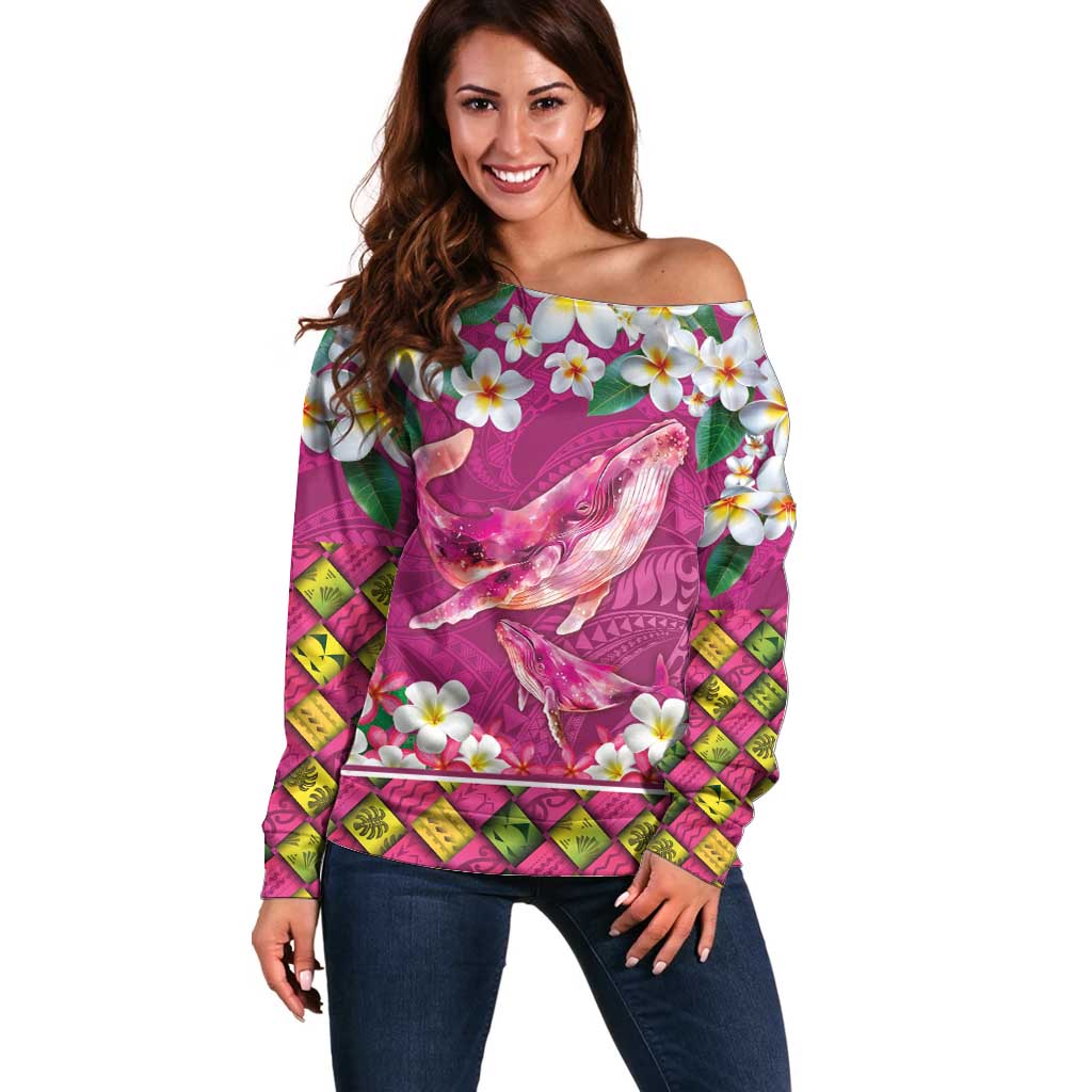 Hawaiian Plumeria and Humpback Whales Off Shoulder Sweater Polynerian Art Tattoo-Plum Pink Color