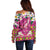 Hawaiian Plumeria and Humpback Whales Off Shoulder Sweater Polynerian Art Tattoo-Plum Pink Color