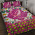 Hawaiian Plumeria and Humpback Whales Quilt Bed Set Polynerian Art Tattoo-Plum Pink Color