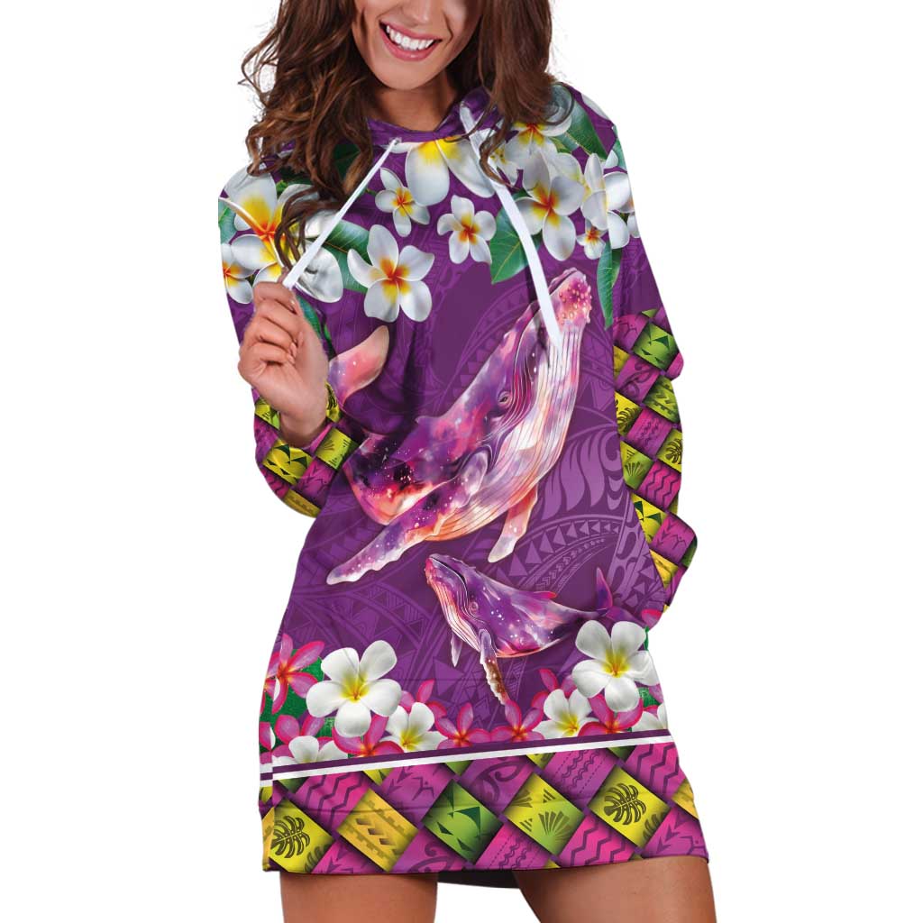 Hawaiian Plumeria and Humpback Whales Hoodie Dress Polynerian Art Tattoo-Mauve Color