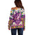 Hawaiian Plumeria and Humpback Whales Off Shoulder Sweater Polynerian Art Tattoo-Mauve Color