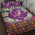 Hawaiian Plumeria and Humpback Whales Quilt Bed Set Polynerian Art Tattoo-Mauve Color