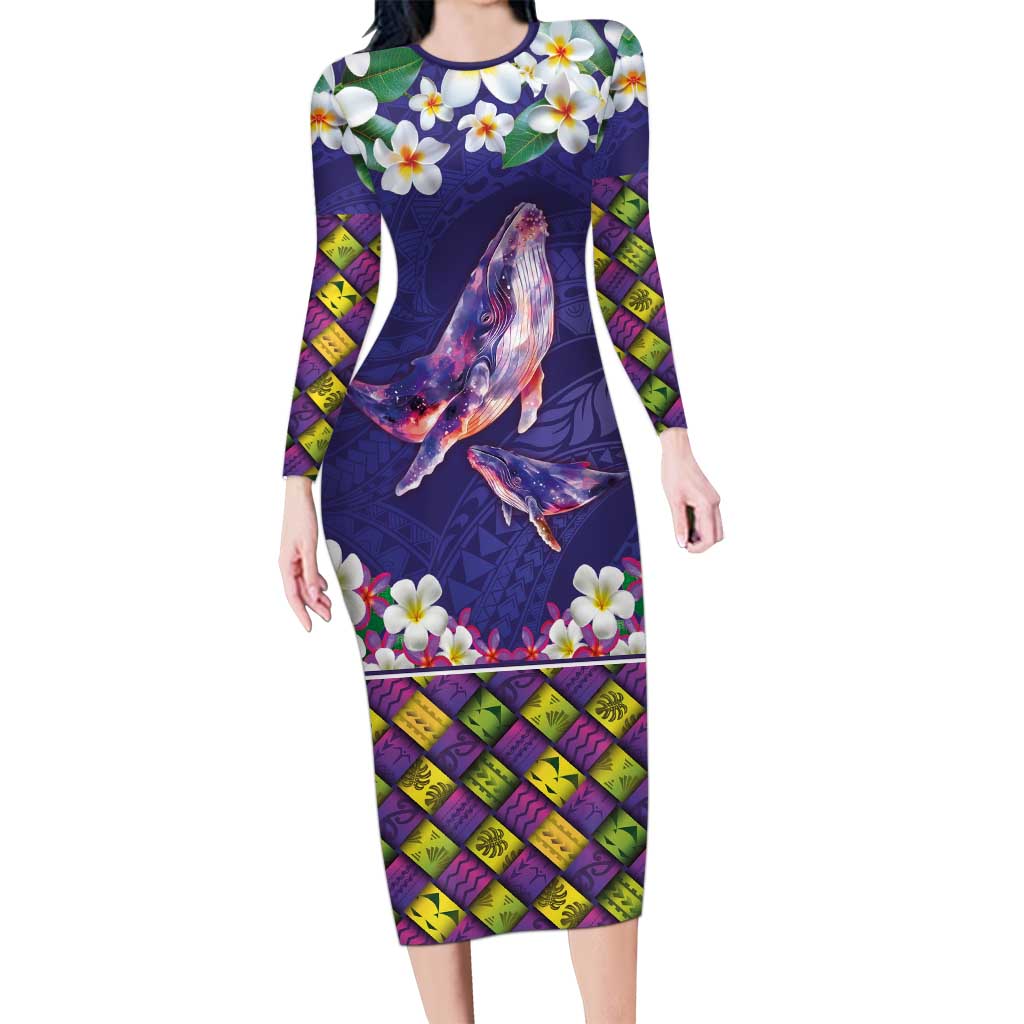 Hawaiian Plumeria and Humpback Whales Long Sleeve Bodycon Dress Polynerian Art Tattoo-Navy Color