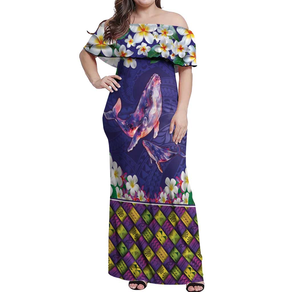 Hawaiian Plumeria and Humpback Whales Off Shoulder Maxi Dress Polynerian Art Tattoo-Navy Color