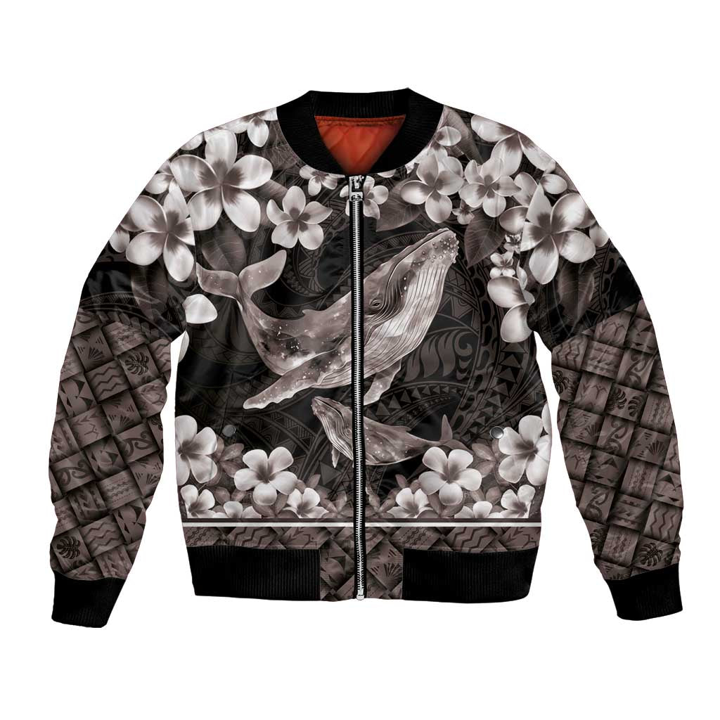 Hawaiian Plumeria and Humpback Whales Bomber Jacket Polynerian Art Tattoo-Grayscale Mode LT03 Unisex Black - Polynesian Pride