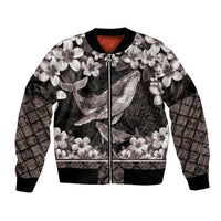 Hawaiian Plumeria and Humpback Whales Bomber Jacket Polynerian Art Tattoo-Grayscale Mode LT03 Unisex Black - Polynesian Pride