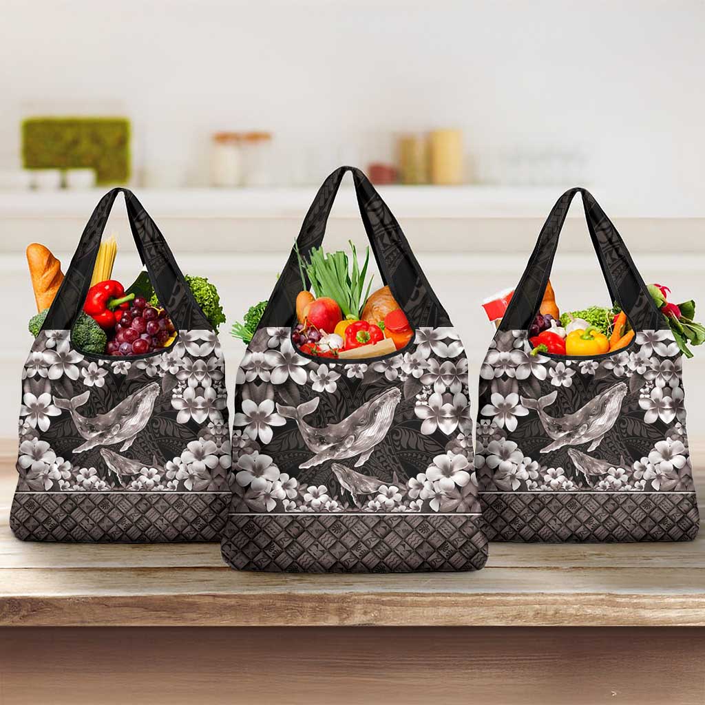 Hawaiian Plumeria and Humpback Whales Grocery Bag Polynerian Art Tattoo-Grayscale Mode LT03 3-pack One Size Black - Polynesian Pride