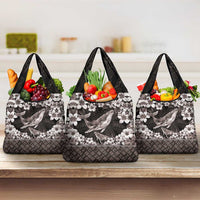 Hawaiian Plumeria and Humpback Whales Grocery Bag Polynerian Art Tattoo-Grayscale Mode LT03 3-pack One Size Black - Polynesian Pride