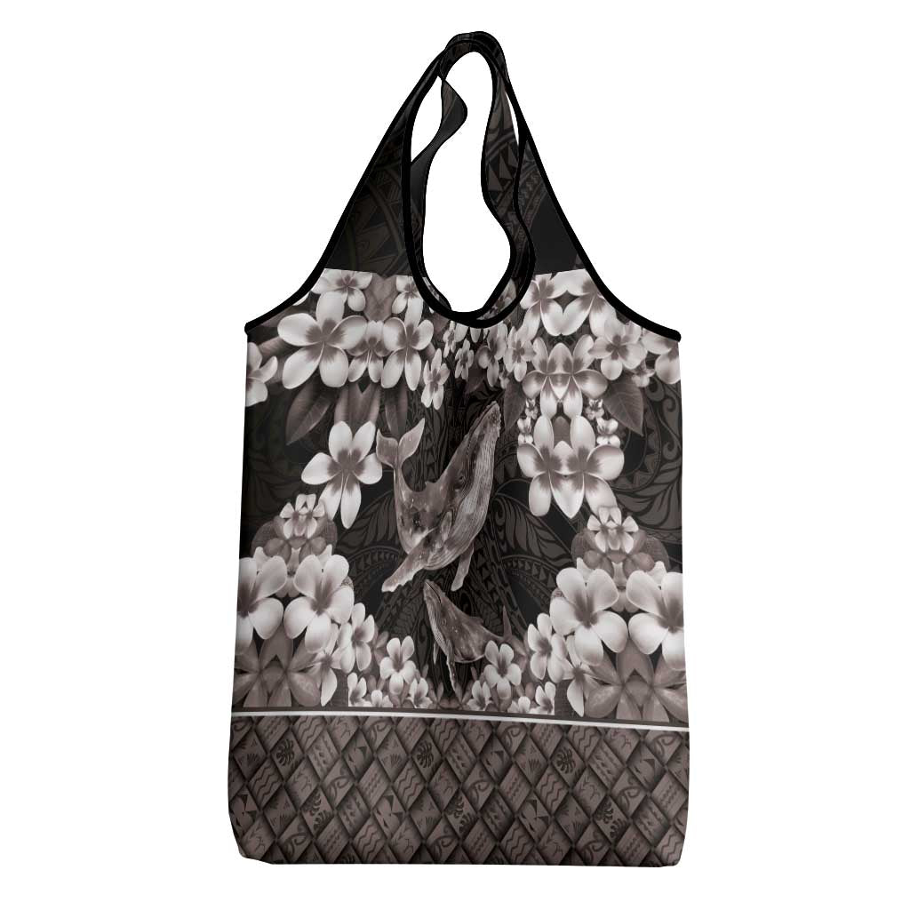 Hawaiian Plumeria and Humpback Whales Grocery Bag Polynerian Art Tattoo-Grayscale Mode LT03 - Polynesian Pride