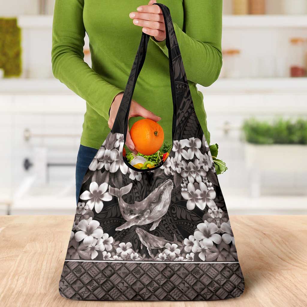 Hawaiian Plumeria and Humpback Whales Grocery Bag Polynerian Art Tattoo-Grayscale Mode LT03 - Polynesian Pride