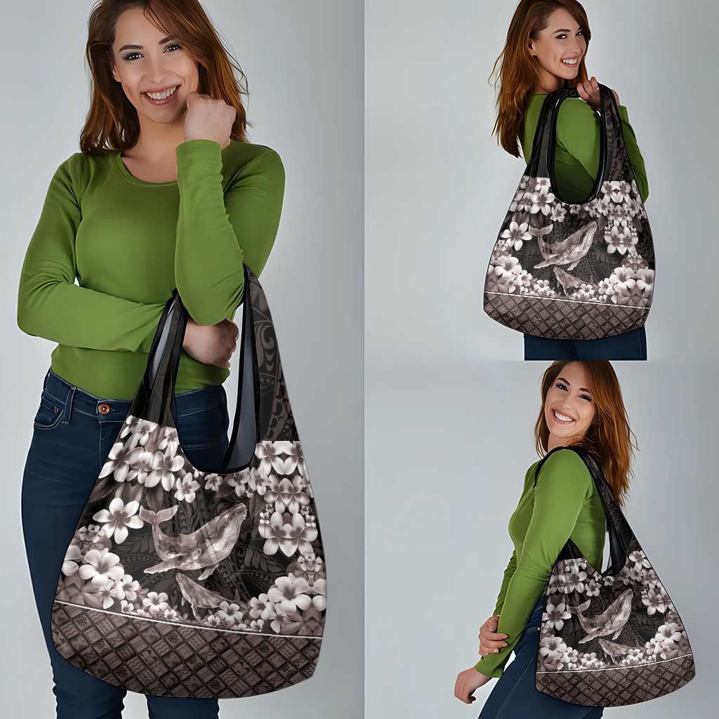 Hawaiian Plumeria and Humpback Whales Grocery Bag Polynerian Art Tattoo-Grayscale Mode LT03 - Polynesian Pride